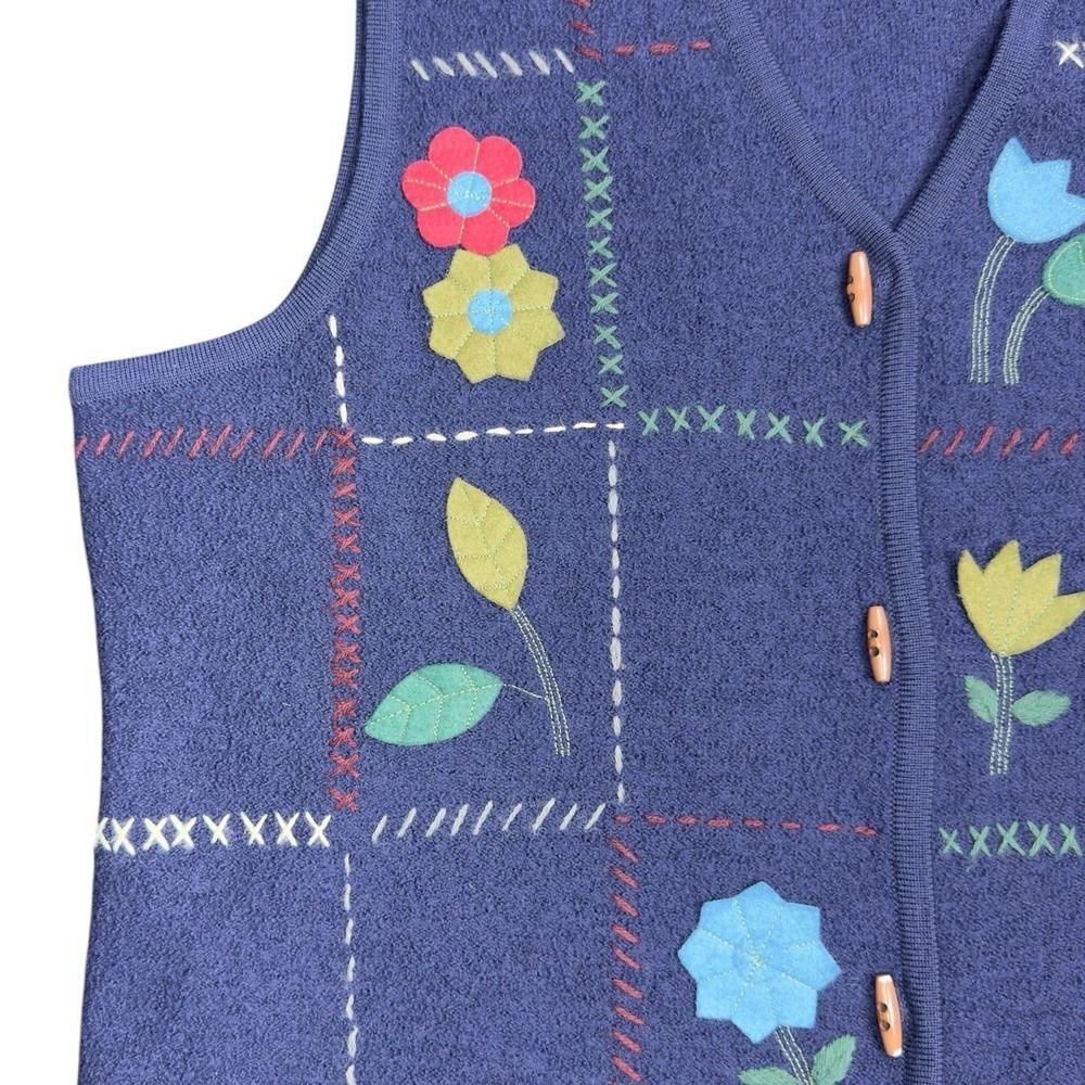 Classic Elements Wool Sweater Vest XL Blue Floral Appliqué Cottagecore - Picture 4 of 9